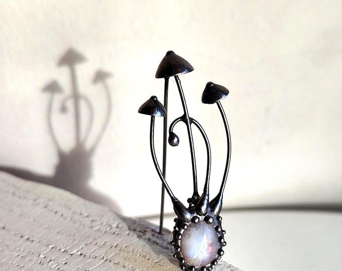 Handmade Mushrooms Brooch: Copper, Pewter, Steel & Moonstone - Forest Magic