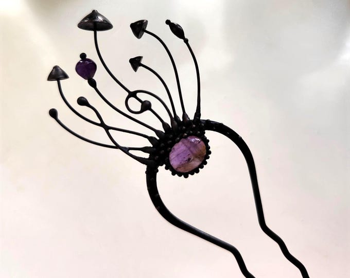Handcrafted Magic Mushrooms Hair Pin: Copper, Pewter, Steel, Purple Amethyst
