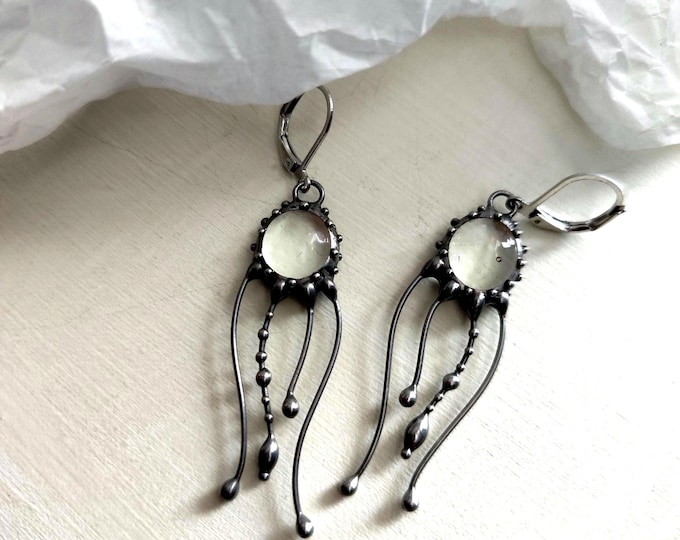 Clear Glass Jellyfish Earrings, Silver Tone Copper and Pewter Ocean Wearable Art