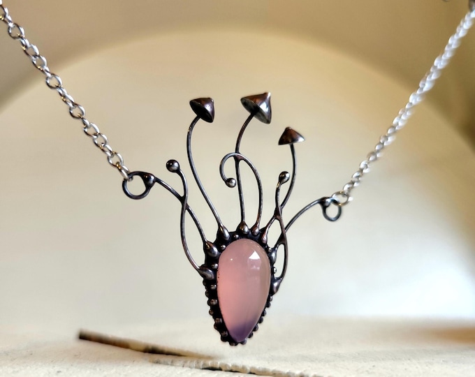 Psychedelic Mushroom Necklace: Pink Agate Mystical Forest Pendant