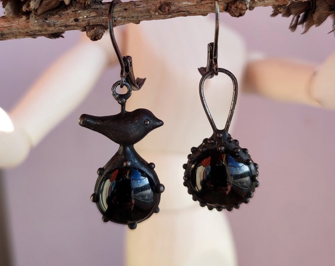 Asymmetrical metal earrings black berdie inspired by wild forest nature, witch girl, aesthetic woodland jewelry, forest gift.