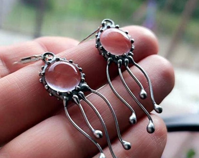 Mystical ocean creatures stained glass boho octopus jellyfish earrings with watermelon quartz, art nouveau handmade gift inspired by ocean.