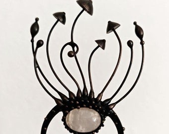 Mystical forest black metal fungi toadstools hair pin with white moon stone, magic mushrooms cottagecore pixie witch clothing.