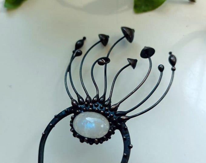 Mystical forest black metal fungi toadstools hair pin with white moon stone, magic mushrooms cottagecore pixie witch clothing.