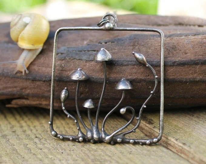 Witch's forest square necklace psilocybe mushrooms, Inspired by wild nature aesthetic psychedelic woodland pendant, forest nation necklace.