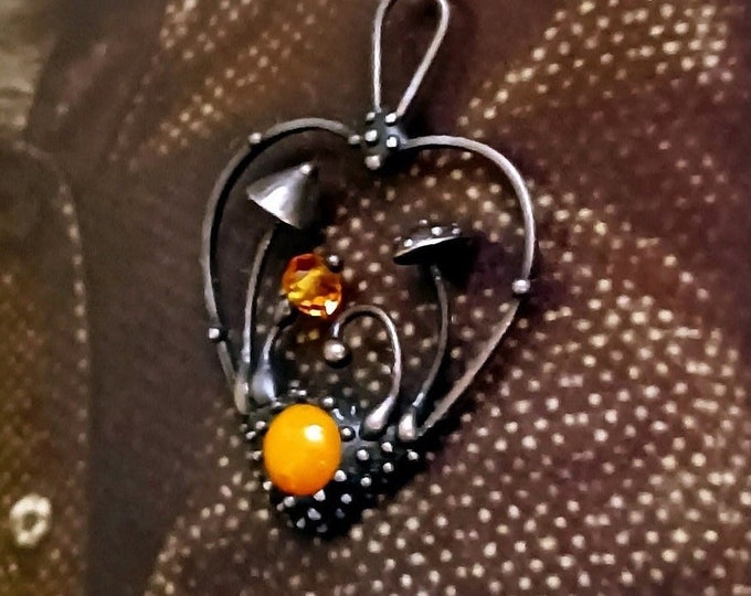 Handmade Fly Agaric Mushroom Necklace: Copper Heart Pendant with Orange Glass