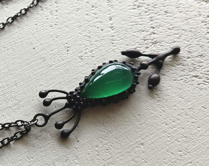 Boho hippie style metal flower stained green agate necklace pendant, Unique and sturdy aesthetic witchcore jewelry style.