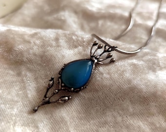 Handmade Silver Flower Necklace, Blue Agate Pendant, Naturecore Jewelry
