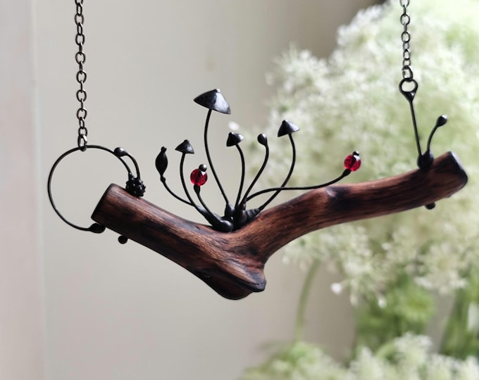 Handcrafted Forest Mushroom Wood Necklace, Psychedelic Floral Botanical Jewelry