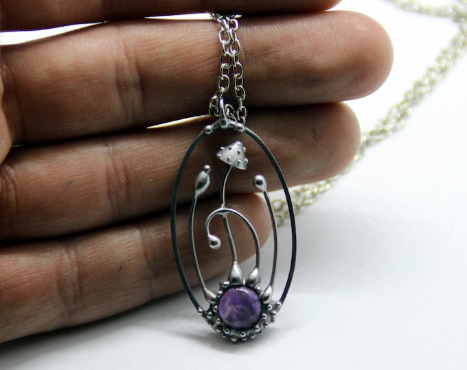 Amanita magic mushrooms handmade oval silver metal necklace with amethyst stone, stained glass art nouveau boho hippie fungi pendant.