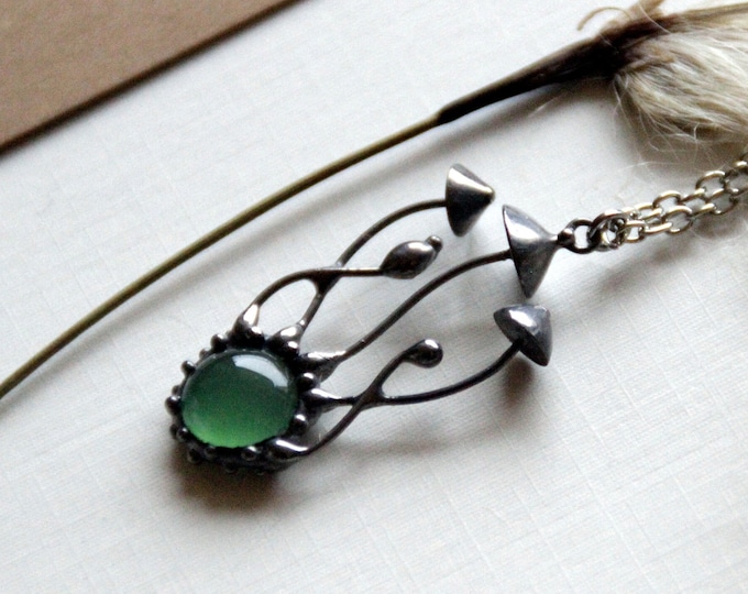 Stained glass forest magic mushrooms pendant necklace with green glass, botanical fungi necklace handmade psychedelic nature forest gift.