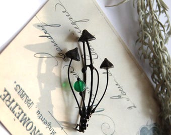 Mushroom Brooch: Green Glass Floral Pin, Hippie Boho Jewelry