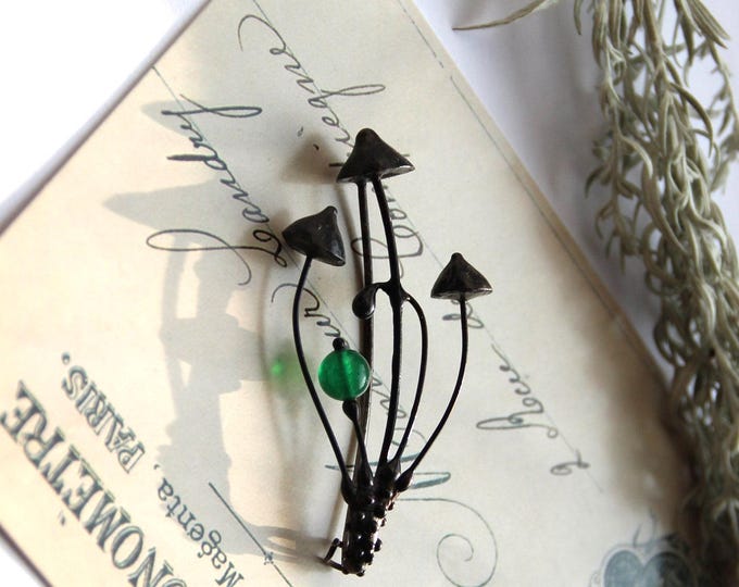Mushroom Brooch: Green Glass Floral Pin, Hippie Boho Jewelry
