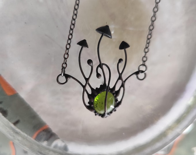 Green Glass Mushroom Necklace, Blackened Copper and Pewter Botanical Pendant, Sculptural Forest Wearable Art