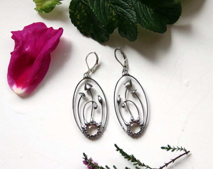 Hippie mushroom silver metal oval earrings with clear glass, fungi witch fairy forest earrings, bohohippie jewelry, witchcraft forest style