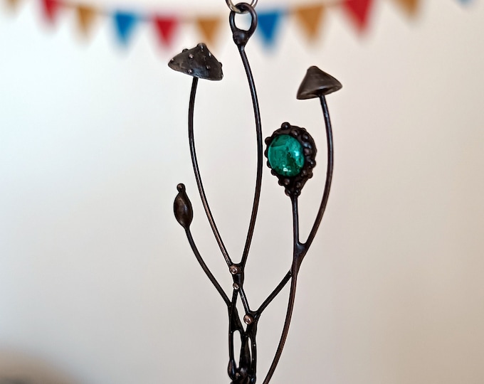 Green Glass Amanita Mushroom Necklace, Blackened Copper Forest Pendant, Botanical Wearable Art