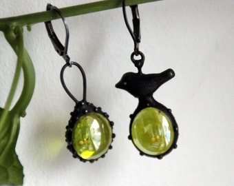 Black Bird Earrings: Asymmetrical Stained Glass, Forest Jewelry
