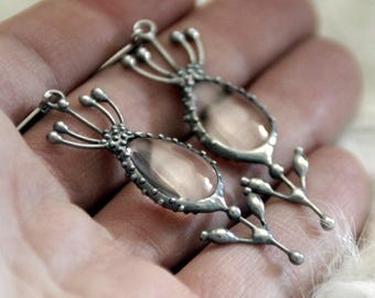 Metal flower boho hippie earrings with clear glass handmade witchcraft jewelry, forest floral unusual witchy fairy vibes gift.