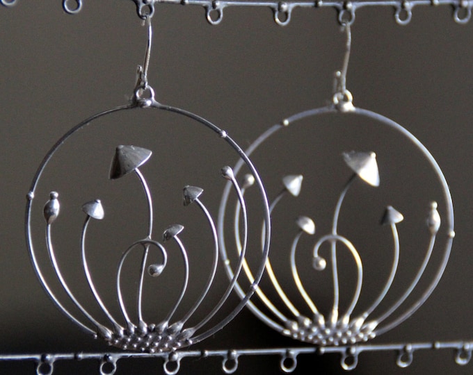 Stained Glass Mushroom Hoop Earrings: Minimalist Botanical Design