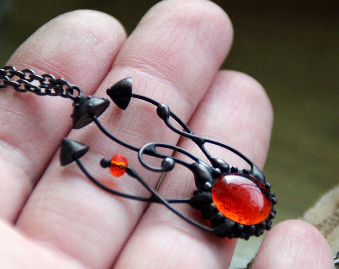 Forest jewelry stained glass pendant necklace magic mushrooms with orange glass, aesthetic botanical witch necklace, naturecore unique gift.