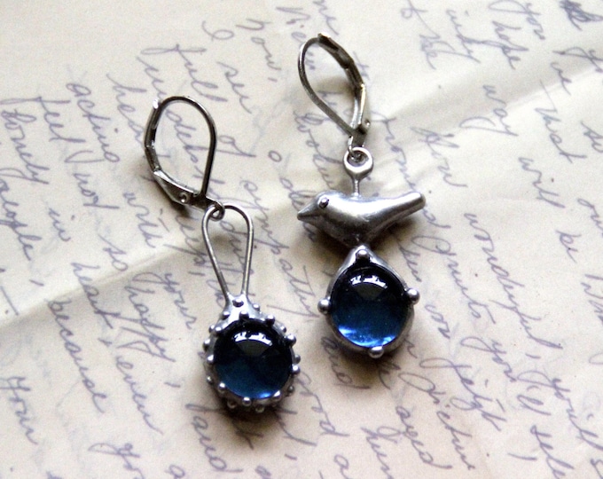 Asymmetrical bohemian hippie earrings bird, raindrop art novoe stained glass earrings with blue glass, steel berdie unique boho jewelry.