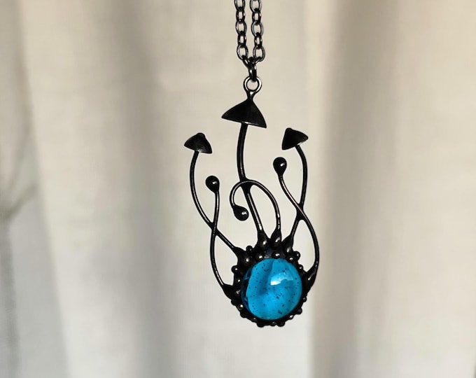 Blue Glass Mushroom Trio Necklace, Blackened Copper Openwork Forest Wearable Art