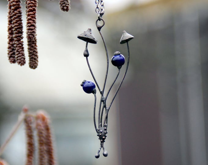 Blue Ceramic Mushroom Necklace: Psychedelic Forest Pendant