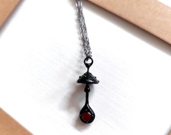 Red Glass Amanita Mushroom Necklace, Blackened Copper and Pewter Forest Wearable Art