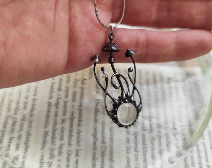 Clear Glass Mushroom Necklace, Silver Tone Amanita Pendant, Copper and Pewter Forest Wearable Art