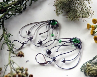 Mushroom Heart Earrings: Handmade Copper, Pewter & Green Glass