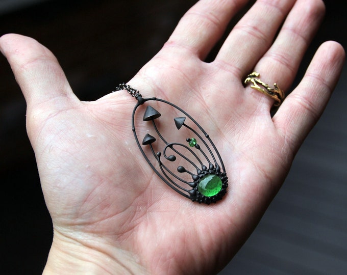 Handmade mushroom metal oval necklace with green glass, fungi pendant, love, magic mushroom, psychedelic, witch pendant, psytrance necklace