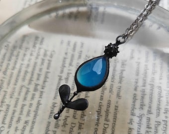 Handmade Flower Necklace, Blue Agate Pendant, Naturecore Jewelry