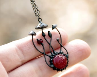 Red Glass Amanita Mushroom Necklace, Blackened Copper and Pewter Forest Pendant, Botanical Wearable Art