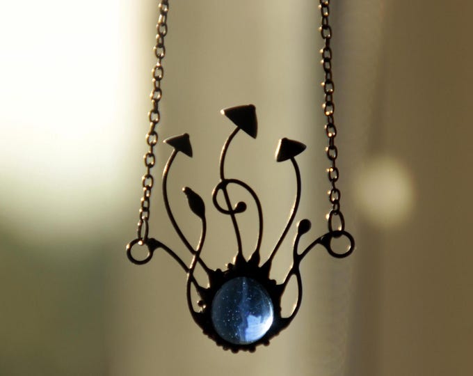 Mystical Mushroom Necklace: Handmade Copper, Pewter & Blue Glass Forest Pendant