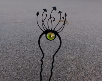 Handmade Magic Mushroom Hair Pin: Copper, Pewter, Steel, Green Glass