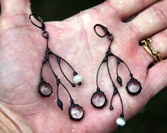 Tree branch earrings, asymmetrical jewelry, asymmetrical metal branch earrings with clear glass, witch earrings, asymmetrical boho, forest
