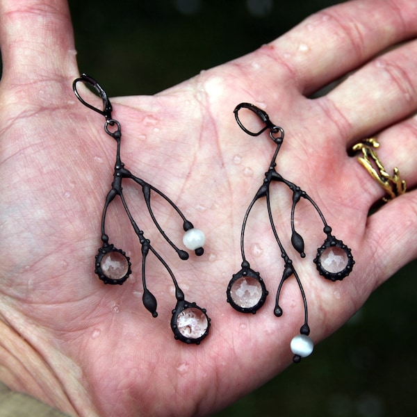 Tree branch earrings, asymmetrical jewelry, asymmetrical metal branch earrings with clear glass, witch earrings, asymmetrical boho, forest