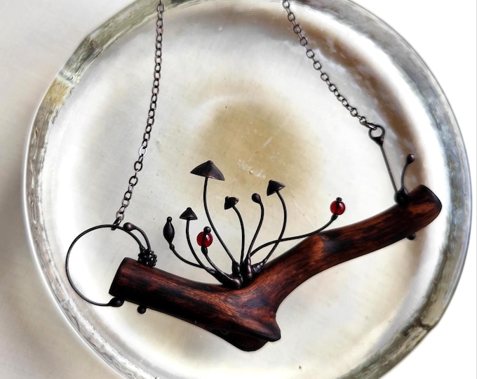 Handcrafted Forest Mushroom Wood Necklace, Psychedelic Floral Botanical Jewelry