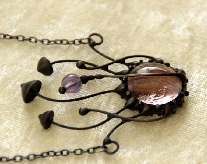 Magic woodland mushrooms handmade necklace pendant with amethyst stone, stained glass botanical fungi pendant, unique witchcraft jewelry.