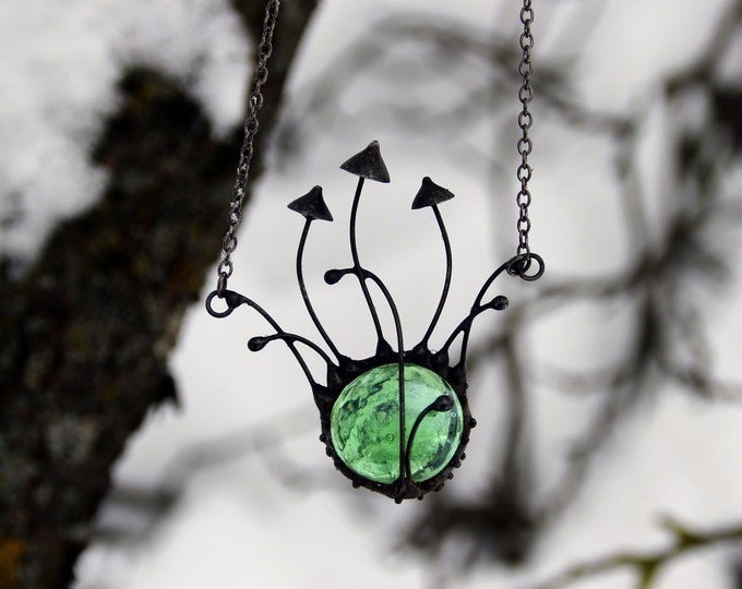 Handmade metal forest mushrooms necklace with green glass, hippie pendant, witch necklace, witch jewelry, forest gift, psychedelic necklace