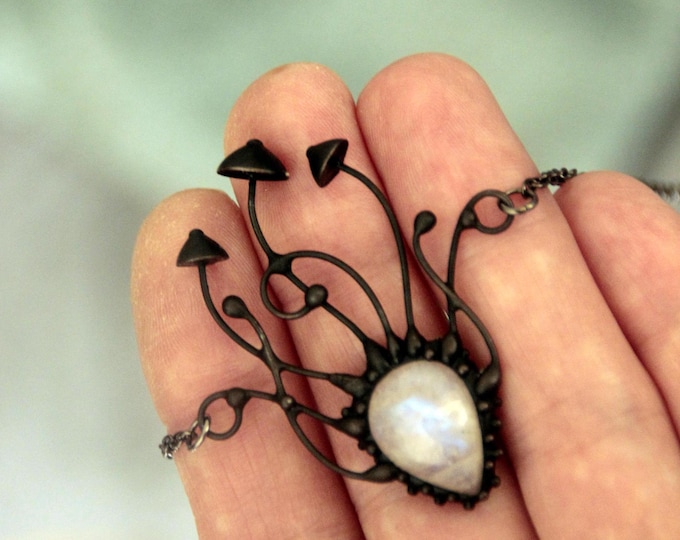 Mystical Mushroom Necklace: Moonstone Forest Witch Pendant