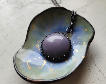 Purple Glass Circle Pendant Necklace, Blackened Copper and Pewter Minimal Wearable Art