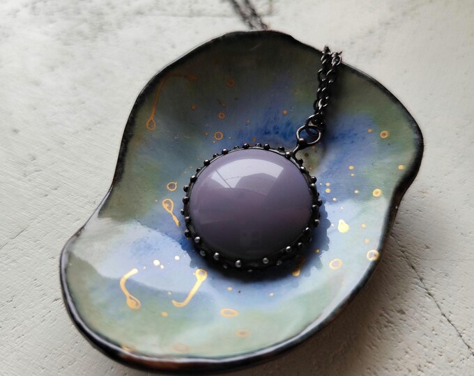 Purple Glass Circle Pendant Necklace, Blackened Copper and Pewter Minimal Wearable Art