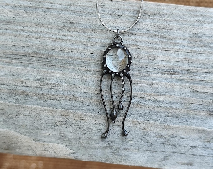 Clear Glass Jellyfish Necklace, Blackened Copper and Pewter Ocean Wearable Art