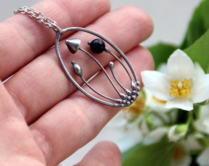 Boho magic mushroom silver color pendant with black stone, witch small necklace, hippie small pendant, psychedelic pendant, mushroom jewelry