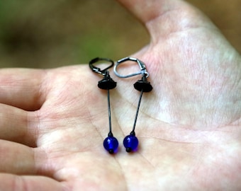 Handmade Amanita Mushroom Earrings: Copper, Blue Glass, Forest Witch