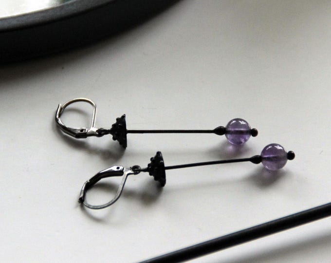Fly agaric mushrooms earrings with purple amethysts, psychedelic witch earrings, mystical amanita mushrooms jewelry, ethnic fungi jewelry.
