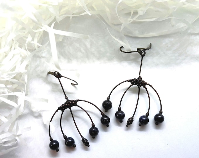 Handmade Aventurine Floral Earrings: Black Patina Copper Boho Jewelry