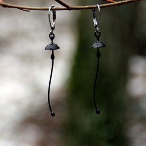 Black Amanita Mushroom Earrings, Long Copper and Pewter Forest Dangles, Witchy Botanical Wearable Art