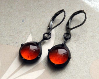 Red glass suncatchers earrings, simple geometry handmade metal boho earrings with red glass, unusual authors jewelry gift for her.